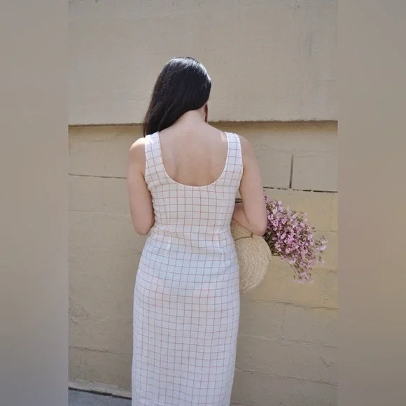 Paloma Wool Galatea 100% Linen Checkered Sleeveless Midi Dress Size UK 40  /US 6